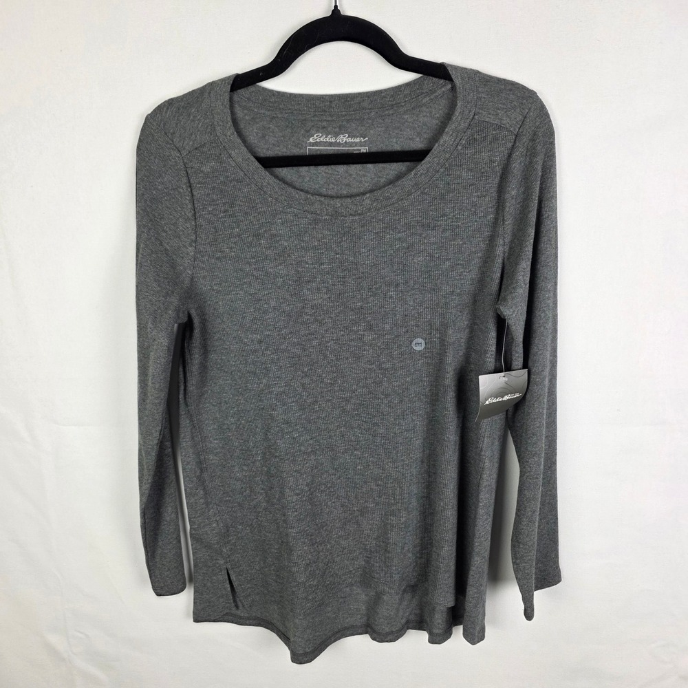 Eddie Bauer Womens Grey Ribbed Long Sleeve Scoop Neck Top PM Petite Medium NWT